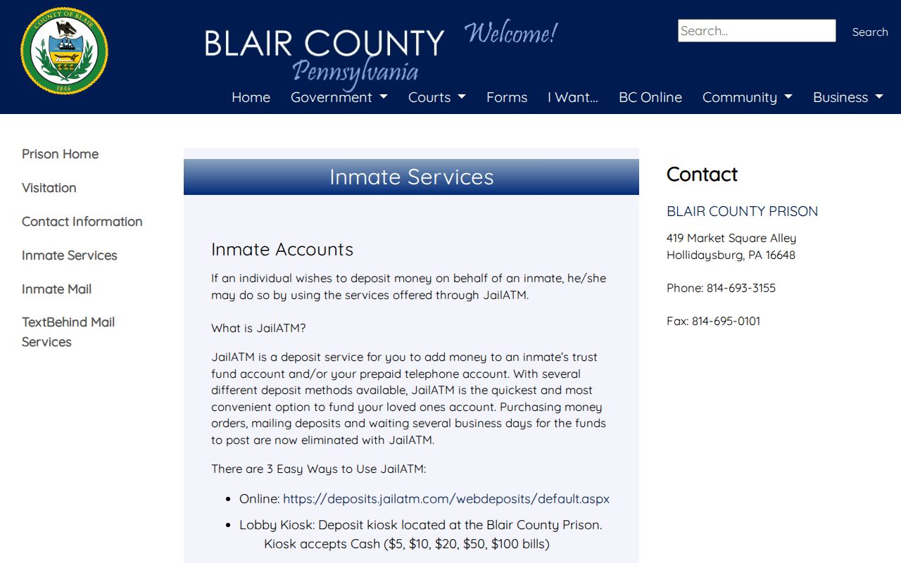 Blair County Prison inmate services and work-release information