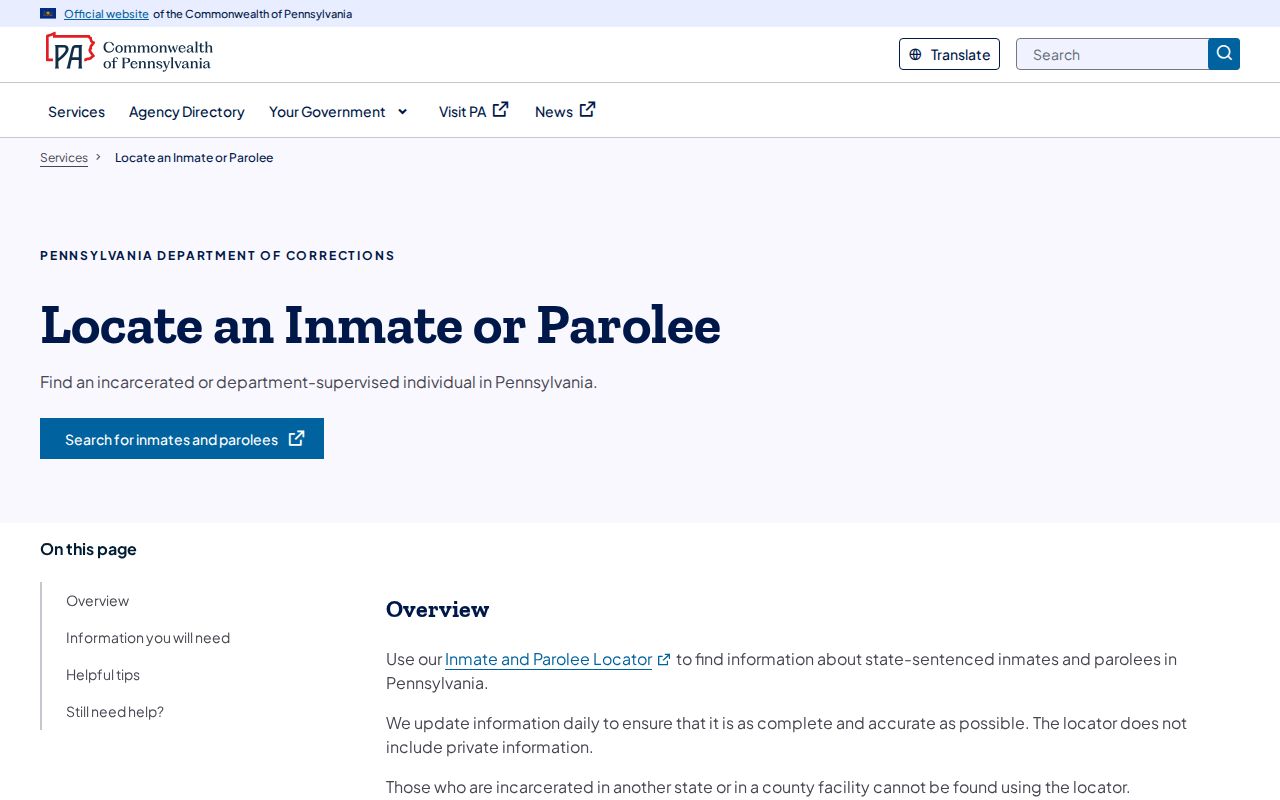 PA DOC search instructions for Blair County released inmates