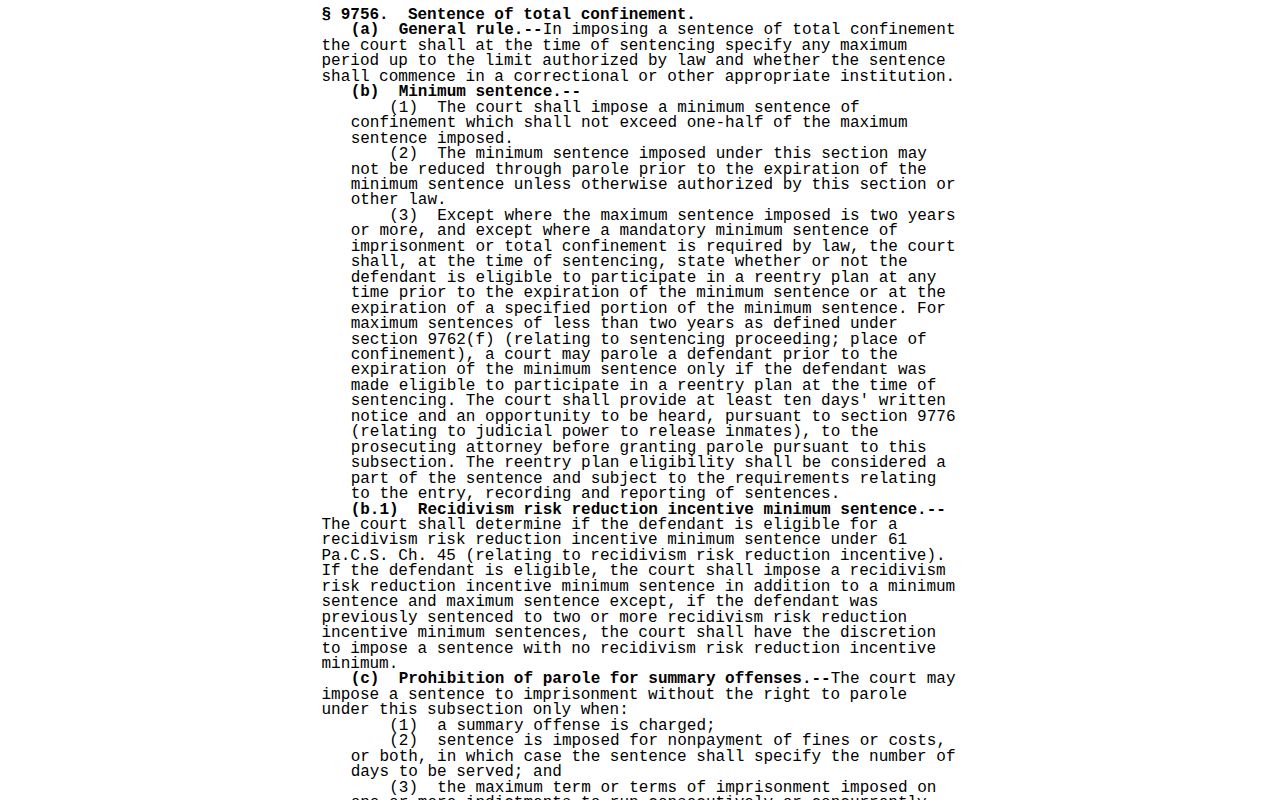 Pennsylvania sentence statute for Blair County inmate release dates